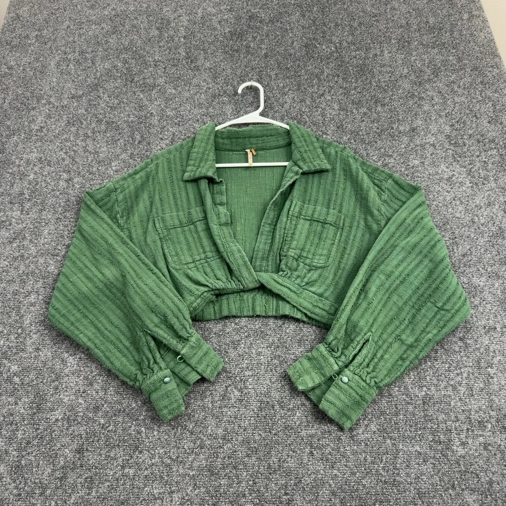 Free People Top Womens S Green Cotton Textured Cropped Long Sleeve Boho Style
